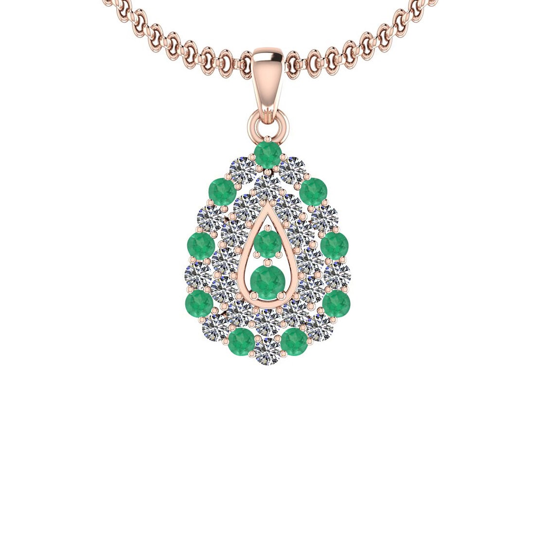 1.15 Ctw SI2/I1 Emerlad And Diamond 14K Rose Gold Pendant Necklace: Center Weight : 0.45 Ctw ( Round Cut ) Center Color :- Emerlad Stone Setting : Prong Side Stone Weight Of Ctw 0.70 Ctw Side Stone Color : J-K Stone Clarity : SI2/I1 Stone Setting : Prong Metal Weight 