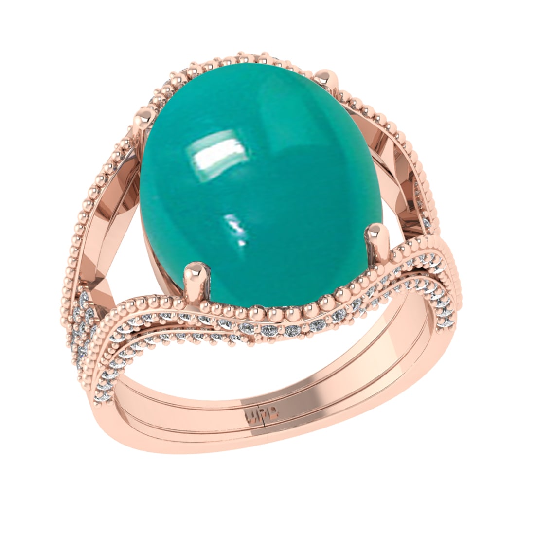 10.08 Ctw VS/SI1 Emerald and Diamond 14k Rose Gold Engagement Ring: Center Stone Weight : 9.52 Ctw ( Oval Cab) Center Stone Color :-Emerald Setting : Prong Side Weight Of Ctw 0.56 Ctw Color : J-K Clarity : VS/SI1 Stone Setting : Prong Metal Weight : Approx 6.90 gram 1
