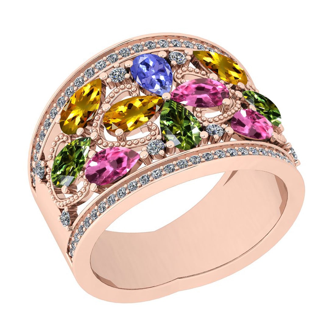 Certified 2.90 Ctw I2/I3 Multi Sapphire, tanzanite And Diamond 10K Rose Gol: Multi Stone Approx Weight: 2.50 Ctw (Pear Cut) Multi Stone Color: Sapphire tanzanite Center Setting: Prong Side Stone 0.40 ctw Side Stone Color: J-K Side Stone Setting: Prong Side Stone Clarity: I2/I3
