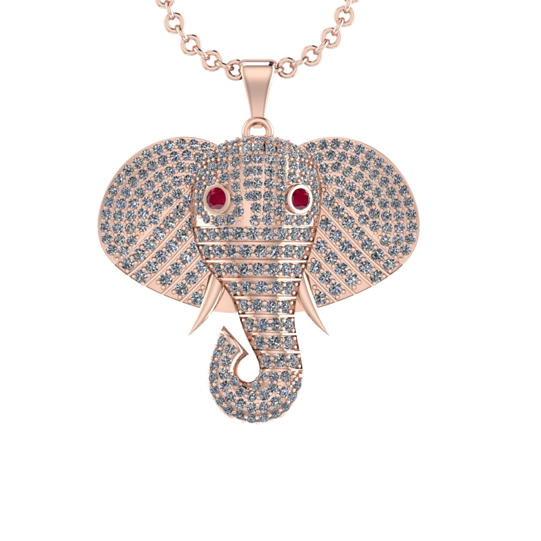 5.60 Ctw SI2/I1 Diamond 14k Rose Gold Animal theme Elephant Pendant Necklac: Eye stone Weight :-0.30 Ctw Eye Color :- Ruby setting Prong Total Diamond Weight : 5.30 Ctw (Round cut) Center Diamond Color :- J-K Center Clarity : SI2/I1 Stone Setting : Prong Metal Weight : Approx 
