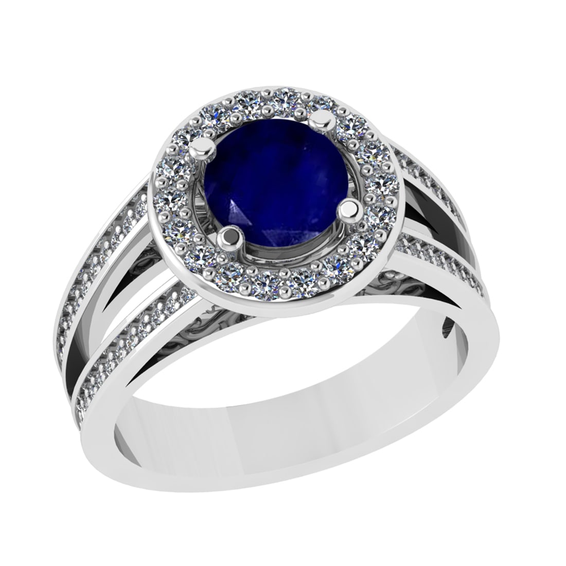 2.14 Ctw I2/I3 Blue Sapphire And Diamond 14K White Gold Engagement Ring: Center Stone Weight :1.10 Ctw ( Round Cut ) Center Stone Color : Blue Sapphire Stone Setting : Prong Side Diamond Weight Of Ctw 1.04 Ctw Side Stone Color : J-K Stone Clarity : SI2/I1 Stone Setting : P