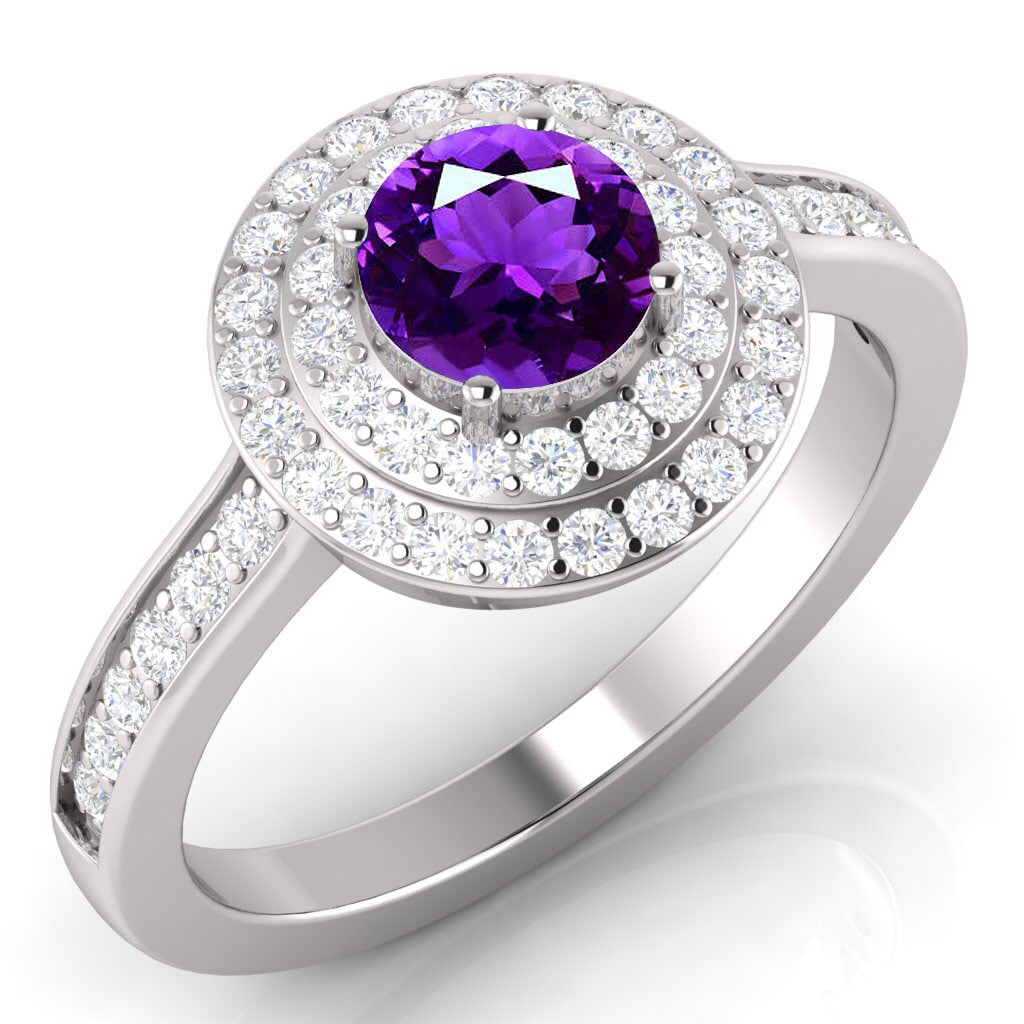 Certified 1.55 CTW Genuine Amethyst And Diamond 14K White Gold Ring: Center Stone 1.05 CTW Round Center Stone Clarity:SI1-SI2 Center Stone Color: Genuine Amethyst Stone Setting ;Prong Side Stone Clarity;SI1-SI2 Side Stone Color ; White Diamond G-H Side Stone Setting ; 