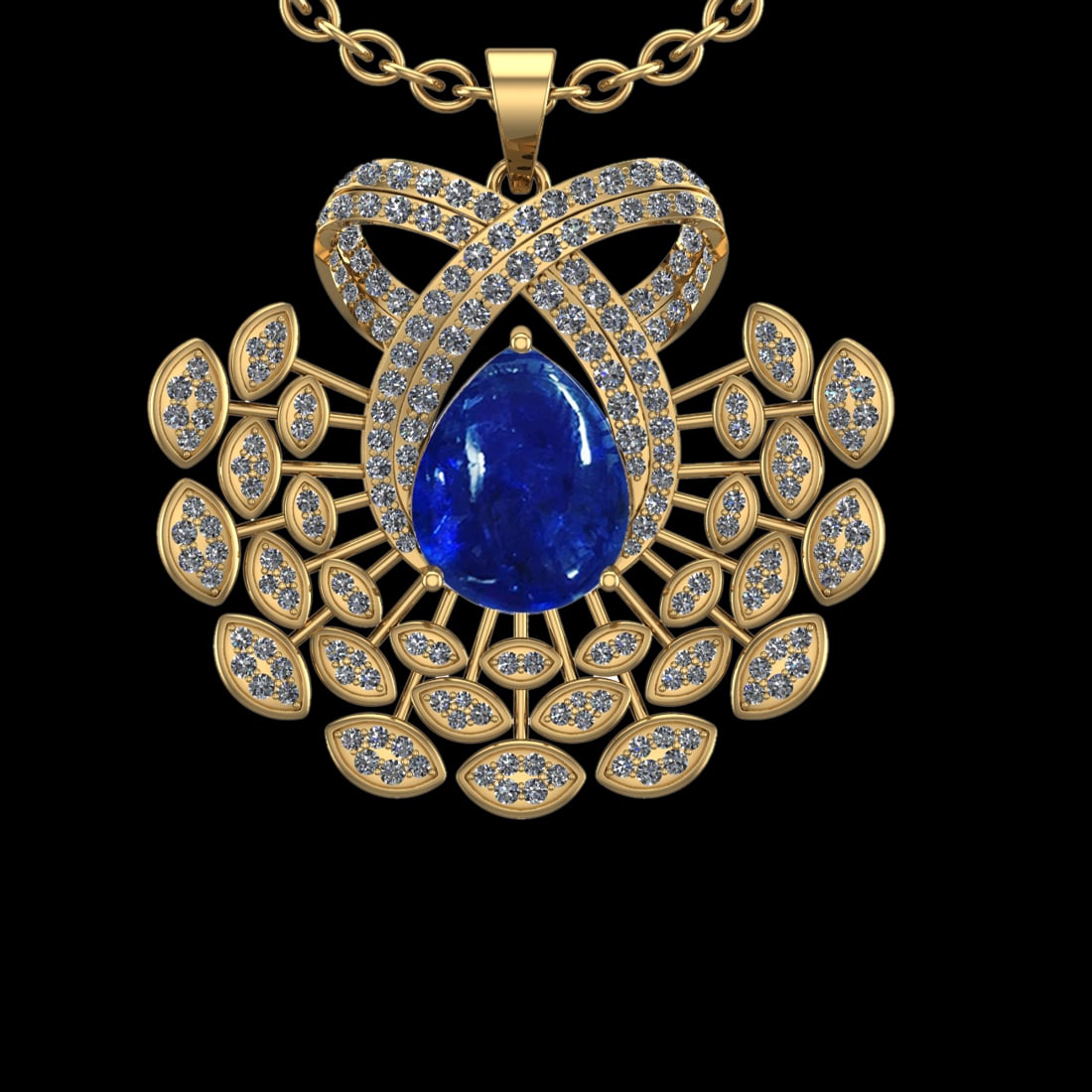 25.18 Ctw VS/SI1 Tanzanite and Diamond Prong Set 14K Yellow Gold Pendant Ne: Center Stone Weight : 20.25 Ctw ( Pear Cab) Center Stone Color :-Tanzanite Setting : Prong Side Weight Of Ctw 4.93 Ctw Color : J-K Clarity : VS/SI1 Stone Setting : Prong Metal Weight : Approx 22.80 gr