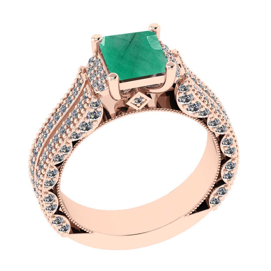 2.11 Ctw SI2/I1 Emerald and Diamond 14K Rose Gold Engagement Ring: Center Stone Weight : 1.25 Ctw ( Princess Cut) Center stone Color :-Emerald Setting : Prong Side Weight Of Ctw 0.86 Ctw Color : J-K Clarity : SI2/I1 Stone Setting : Prong Metal Weight : Approx 5.10 gr