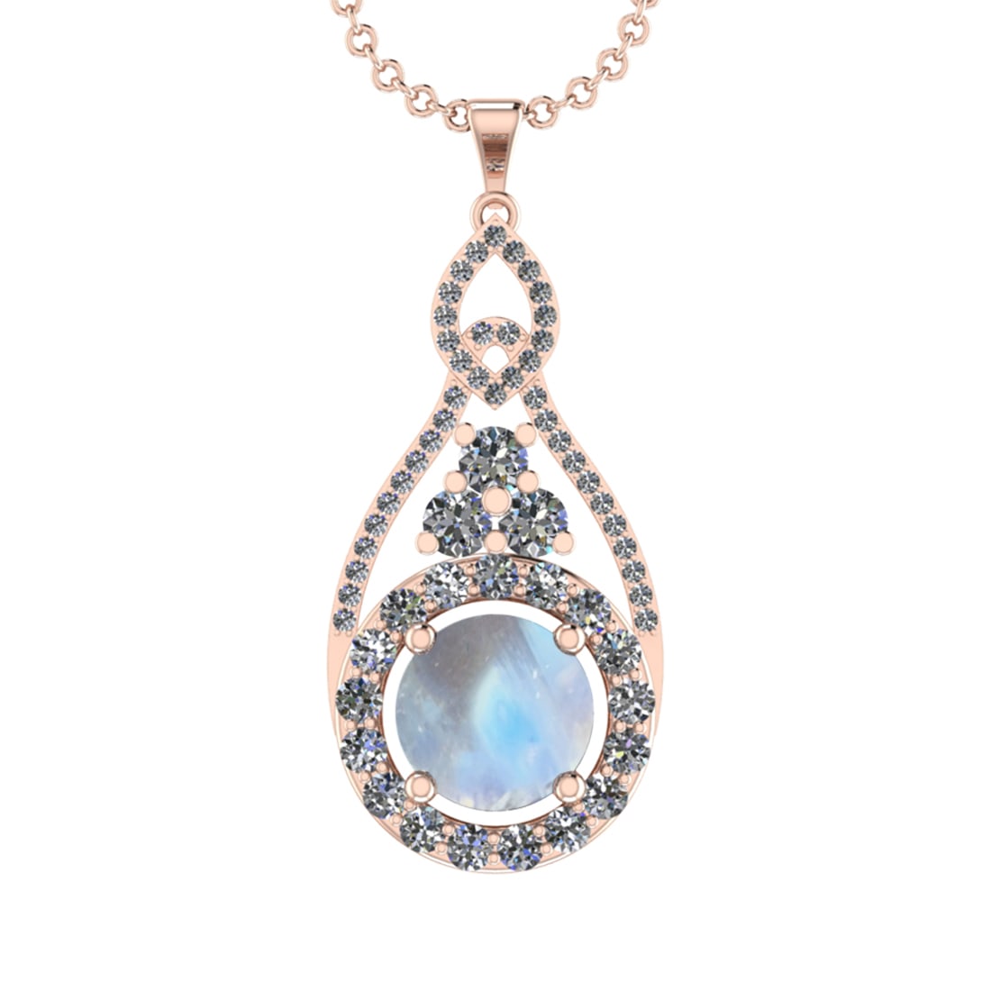 10.68 Ctw SI2/I1Rainbow Moonstone And Diamond 14K Rose Gold Pendant Necklac: Center Stone Weight : 8.08 Ctw ( Round Cab ) Center Stone Color : Rainbow Moonstone Stone Setting : Prong Side Diamond Weight Of Ctw 2.60 Ctw Side Stone Color : J-K Stone Clarity : SI2/I1 Stone Settin