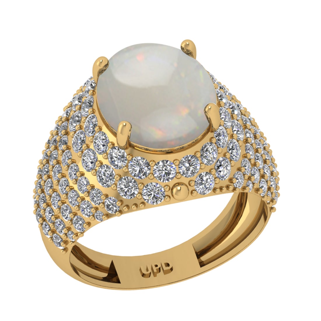 6.29 Ctw I2/I3 Opal And Diamond 14K Yellow Gold Engagement Ring: Center Stone Weight : 4.07 Ctw (Oval Cab ) Center Stone Color : Opal Stone Setting : Prong Side Diamond Weight Of Ctw 2.22 Ctw Side Stone Color : J-K Stone Clarity : I2/I3 Stone Setting : Prong Metal 