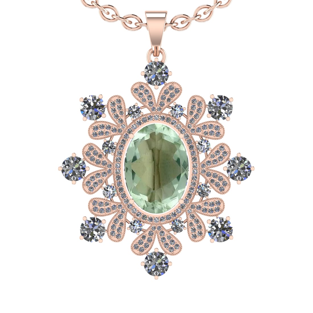 21.58 Ctw SI2/I1Green Amethyst And Diamond 14K Rose Gold Pendant Necklace: Center Stone Weight : 15.49 Ctw ( Oval Cut ) Center Stone Color : Green Amethyst Stone Setting : Prong Side Diamond Weight Of Ctw 6.09 Ctw Side Stone Color : J-K Stone Clarity : SI2/I1 Stone Setting :