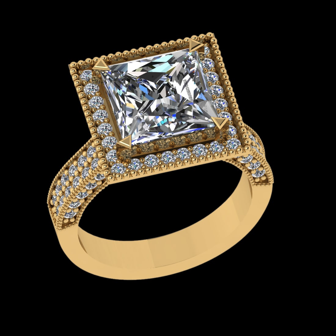 3.33 Ctw VS/SI1 Diamond 18k Yellow Gold Engagment Ring: Center Diamond Weight : 2.00 Ctw (Princess Cut GIA ) Color : J-K Clarity : VS/SI1 Setting : Prong Side Weight Of Ctw 1.33 Ctw Color : J-K Clarity : VS/SI1 Stone Setting : Prong Metal Weight : Approx 6
