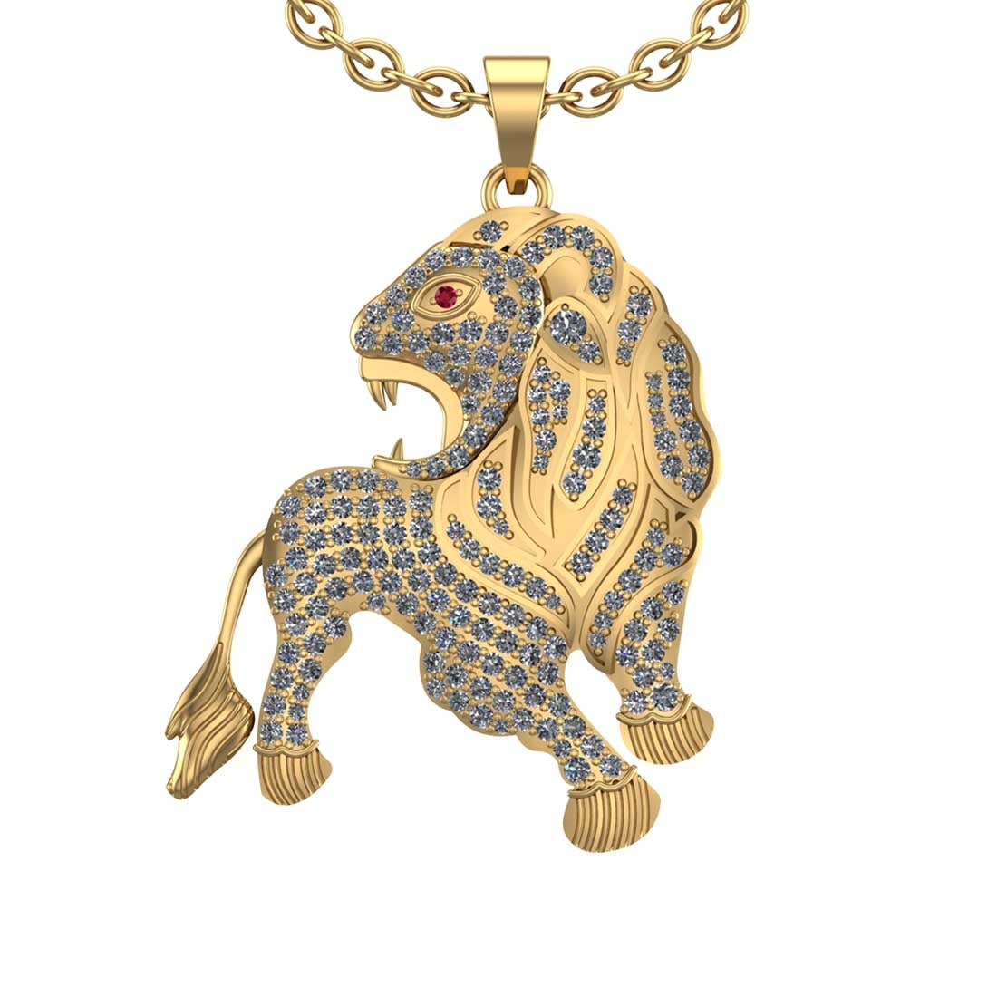 2.28 Ctw SI2/I1 Diamond 14k Yellow Gold Lion Pendant Necklace: Eye stone weight :0.02 eye stone color :- Ruby Total Diamond Weight : 2.26 Ctw (Round cut) Center Diamond Color :- j-k Center Clarity : SI2/I1 Stone Setting : Prong Metal Weight : Approx 13.90 Gram 14