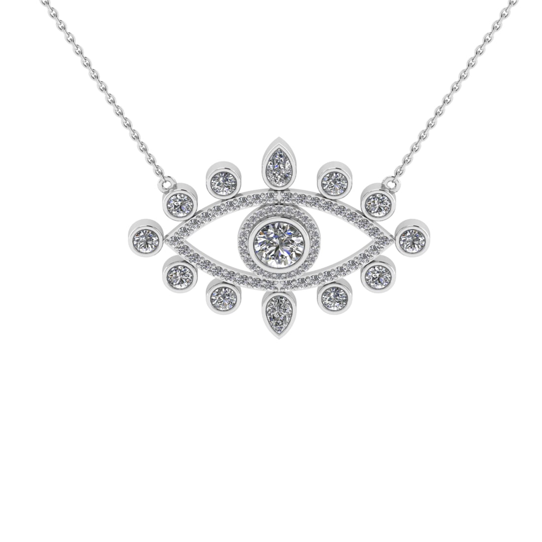 2.09 Ctw SI2/I1 Diamond 14k White Gold Evil Eye Pendant Necklace: Total Diamond Weight : 2.09 Ctw (Round & Pear cut) Center Diamond Color :- J-K Center Clarity : SI2/I1 Stone Setting : Prong Metal Weight : Approx 6.10 Gram 14k White Gold Evil Eye Pendant Necklace #P