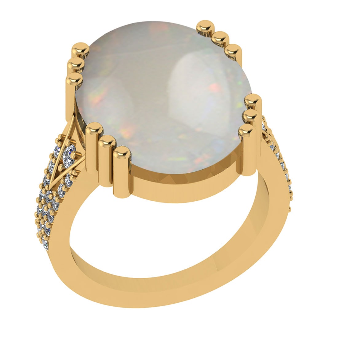 10.01 Ctw SI2/I1 Opal And Diamond 14K Yellow Gold Engagement Ring: Center Stone Weight : 9.64 Ctw ( Oval Cab ) Center Stone Color : Opal Stone Setting : Prong Side Diamond Weight Of Ctw 0.37 Ctw Side Stone Color : J-K Stone Clarity : SI2/I1 Stone Setting : Prong Meta
