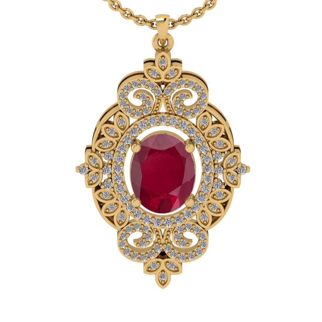 2.40 Ctw SI2/I1 Ruby and Diamond 14K Yellow Gold Pendant Necklace: Center stone Weight :- 2.00 Ctw ( Oval Cut) Color :- Ruby Center Stone Setting : Prong Side Diamond Weight Of Ctw 0.40 Ctw Color : J-K Clarity : SI2/I1 Stone Setting : Prong Metal Weight : Approx 4.80
