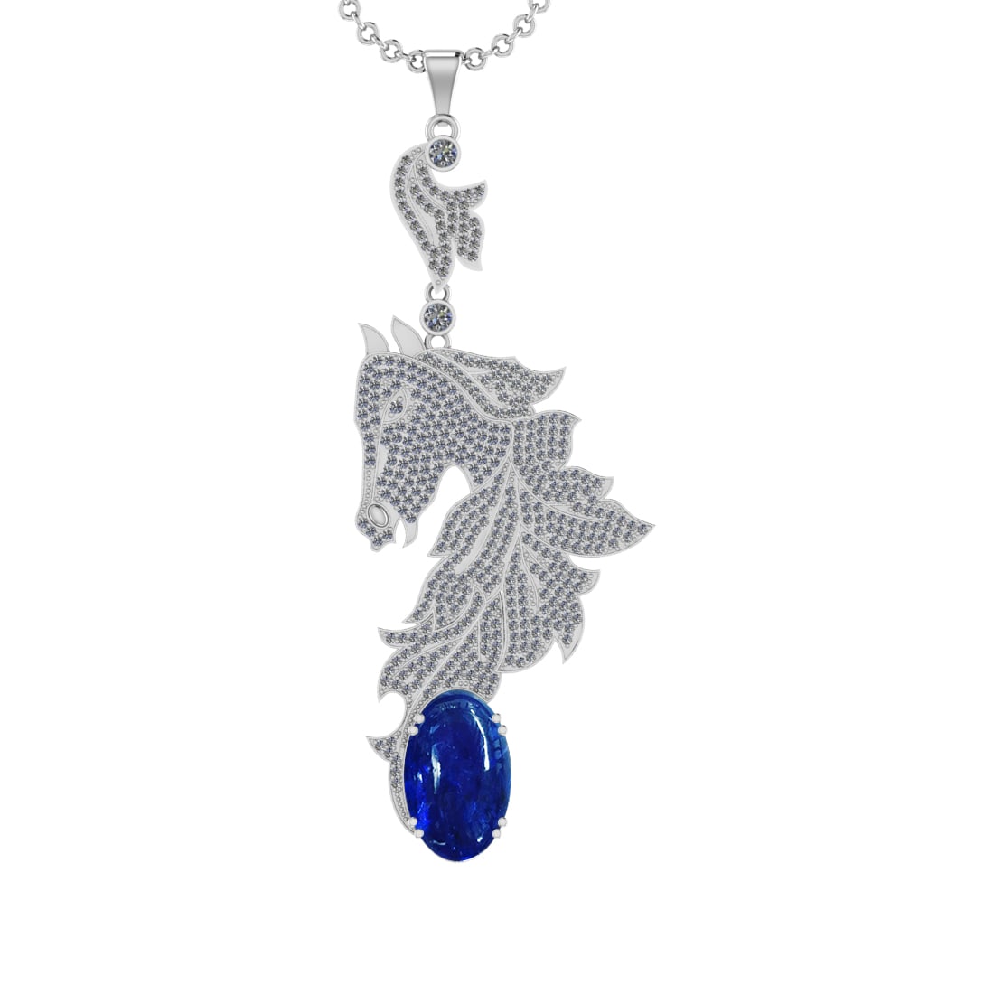 21.98 Ctw VS/SI1 Tanzanite and Diamond Prong Set 14k White Gold Pendant: Center Stone Weight : 18.44 Ctw ( Oval Cab) Center Stone Color :-Tanzanite Setting : Prong Side Weight Of Ctw 3.54 Ctw Color : J-K Clarity : VS/SI1 Stone Setting : Prong Metal Weight : Approx 19.80