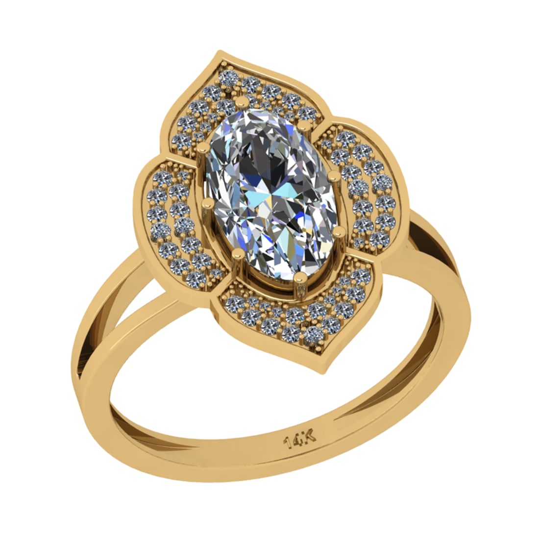 2.15 Ctw SI2/I1 Diamond 14K Yellow Gold Bridal Wedding Halo Ring: Center Diamond Weight : 1.80 Ctw (Oval Cut) Center Diamond Color : J-K Center Stone Setting : Prong Center Stone Clarity : SI2/I1 Side Stone Weight Of Ctw 0.35 Ctw Side Stone Color : J-KStone Clarity 