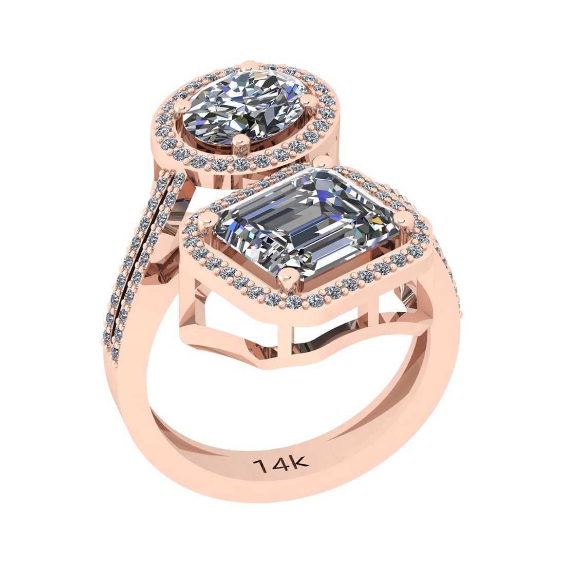 3.97 Ctw VS/SI1 Diamond 14K Rose Gold Engagement Ring: Center Weight : 3.50 Ctw (Oval& Emerald) Center Diamond Color : G-H Center Stone Setting : Prong Center Stone Clarity : VS/SI1 Side Stone Weight Of Ctw 0.47 Ctw Side Stone Color : G-H Stone Clarity : 