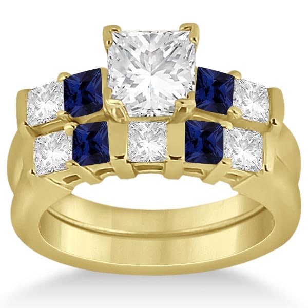 5 Stone Diamond and Blue Sapphire Bridal Set 18k Yellow Gold 1.02ctw: CENTER STONE 0.60 Ctw ; Diamond,Blue Sapphire CENTER STONE CLARITY; VS1-SI2#Eye Clean CENTER STONE COLOR; J-K,Blue CENTER STONE SETTING; Bar,Bar SIDE STONE CLARITY; VS1-SI2,Eye Clean SIDE STONE COLOR;