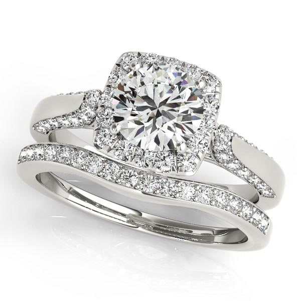 Diamond Accented Square Halo Ring and Band Bridal Set 14k W. Gold 1.25ctw: CENTER STONE; Diamond (0.60 CTW) CENTER STONE CLARITY; SI1-SI2 CENTER STONE COLOR; J-K CENTER STONE SETTING; Prong SIDE STONE CLARITY; SI1-SI2 SIDE STONE COLOR; J-K SIDE STONE SETTING; Prong ctw OF SI