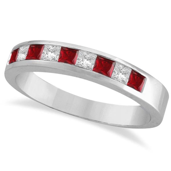 Princess-Cut Channel-Set Diamond and Ruby Ring Band 14k White Gold: CENTER STONE; Ruby CENTER STONE CLARITY; CENTER STONE COLOR; Red CENTER STONE SETTING; Channel SIDE STONE CLARITY; SI SIDE STONE COLOR; J-K SIDE STONE SETTING; Channel ctw OF SIDE STONE: 0.23 SIDE
