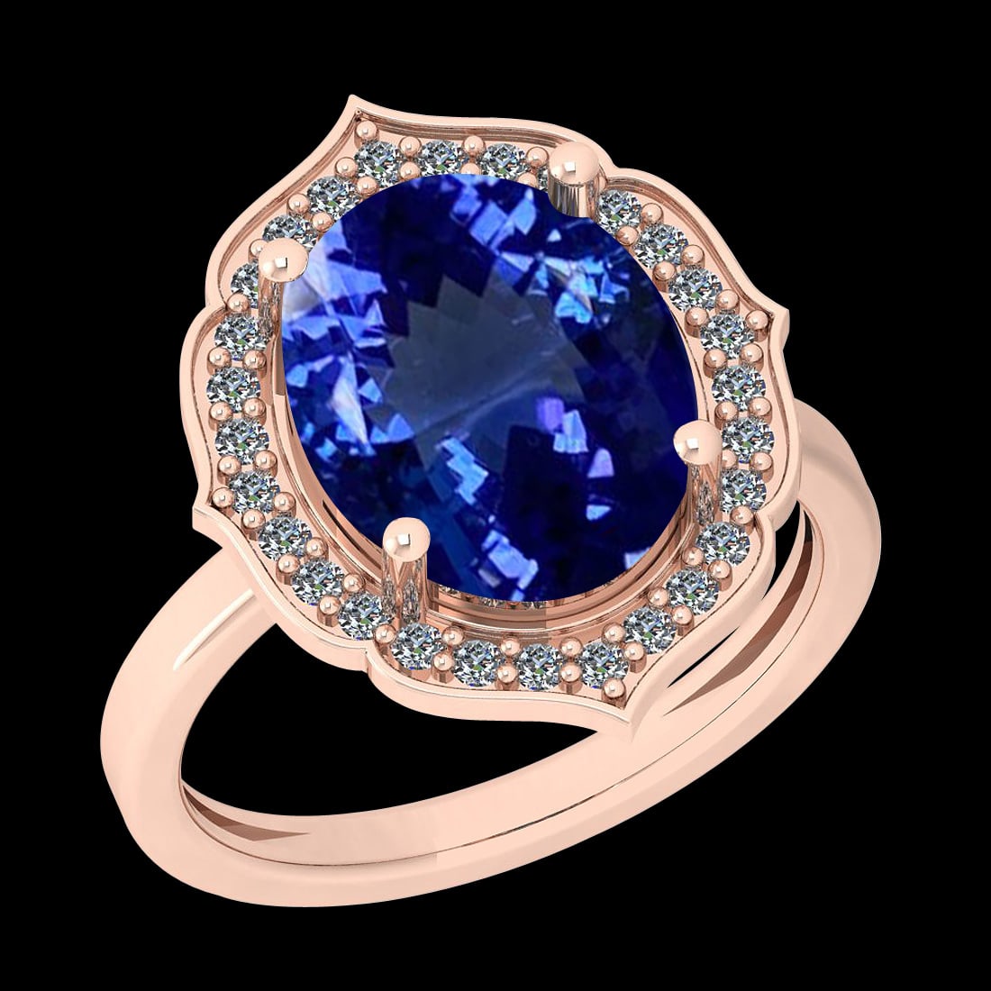 5.62 Ctw VS/SI1 Tanzanite And Diamond 10K Rose Gold Vintage Style Ring: Color Stone Weight : 5.34 Ctw (1 Psc Oval ) Center Stone Color : Tanzanite Center Stone Setting : Prong Side Stone Weight Of Ctw 0.28 Ctw Side Stone Color : G-H Stone Clarity : VS/SI1 Stone Setting : 
