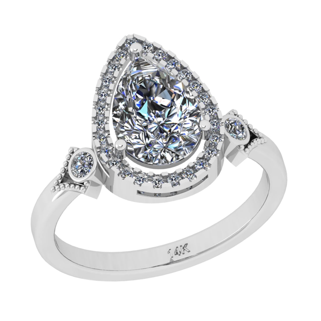 1.57 Ctw SI2/I1 Diamond 14K White Gold Engagement Halo Ring: Center Diamond Weight : 1.40 Ctw (Pear Cut) Center Diamond Color : J-K Center Stone Setting : Prong Center Stone Clarity : SI2/I1 Side Stone Weight Of Ctw 0.17 Ctw Side Stone Color : J-KStone Clarity 