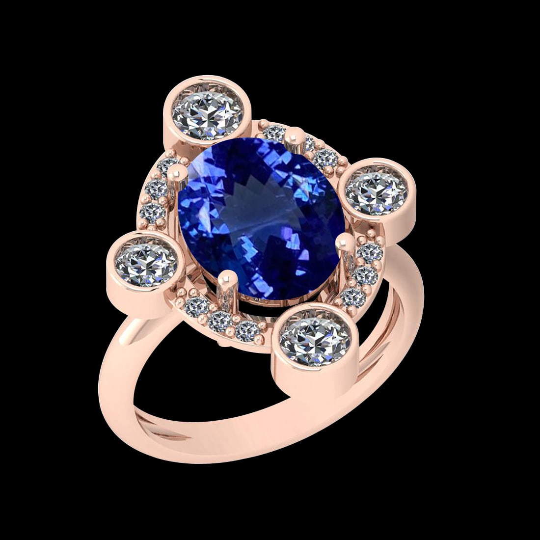 6.11 Ctw VS/SI1 Tanzanite And Diamond 10K Rose Gold Vintage Style Ring: Color Stone Weight : 4.85 Ctw (1 Psc Oval ) Center Stone Color : Tanzanite Center Stone Setting : Prong Side Stone Weight Of Ctw 1.26 Ctw Side Stone Color : G-H Stone Clarity : VS/SI1 Stone Setting : 