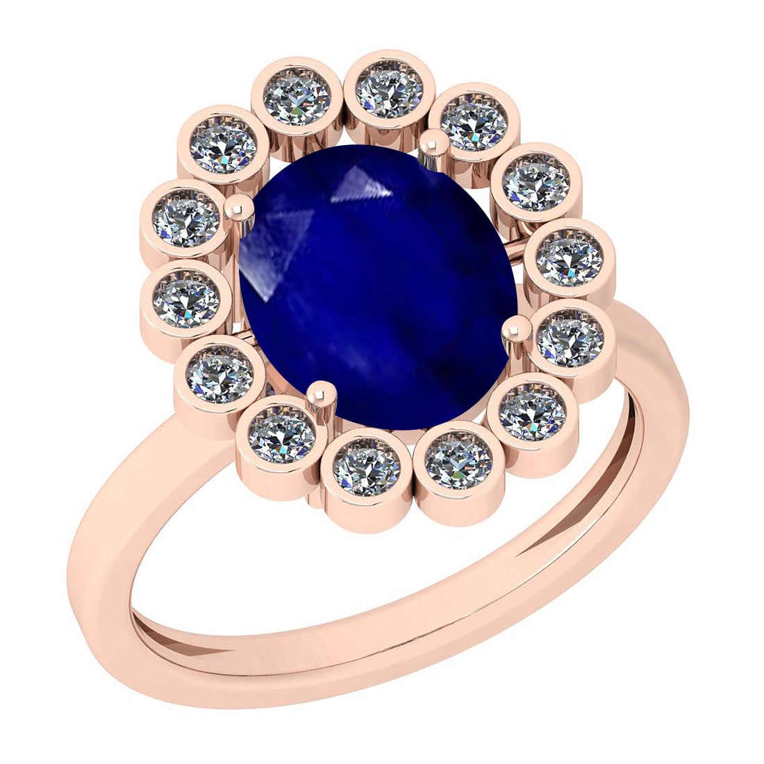 2.42 Ctw I2/I3 Blue Sapphire And Diamond 14K Rose Gold Ring: Color Stone Weight : 2.00 Ctw (1 Psc Oval ) Center Stone Color : Blue Sapphire Center Stone Setting : Prong Side Stone Weight Of Ctw 0.42 Ctw Side Stone Color : J-K Stone Clarity : I2/I3 Stone Setting