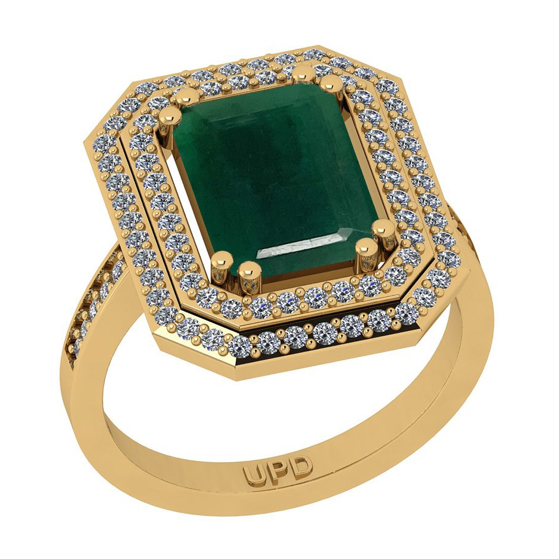 4.87 Ctw SI2/I1 Emerald And Diamond 14K Yellow Gold Double Row Engagement H: Center Stone Weight : 4.36 Ctw ( Emerald Cut) Center Stone Color :-Emerald Stone Setting : Prong Side Stone Weight Of Ctw 0.51 Ctw Side Stone Color : J-K Stone Clarity : SI2/I1 Stone Setting : Prong