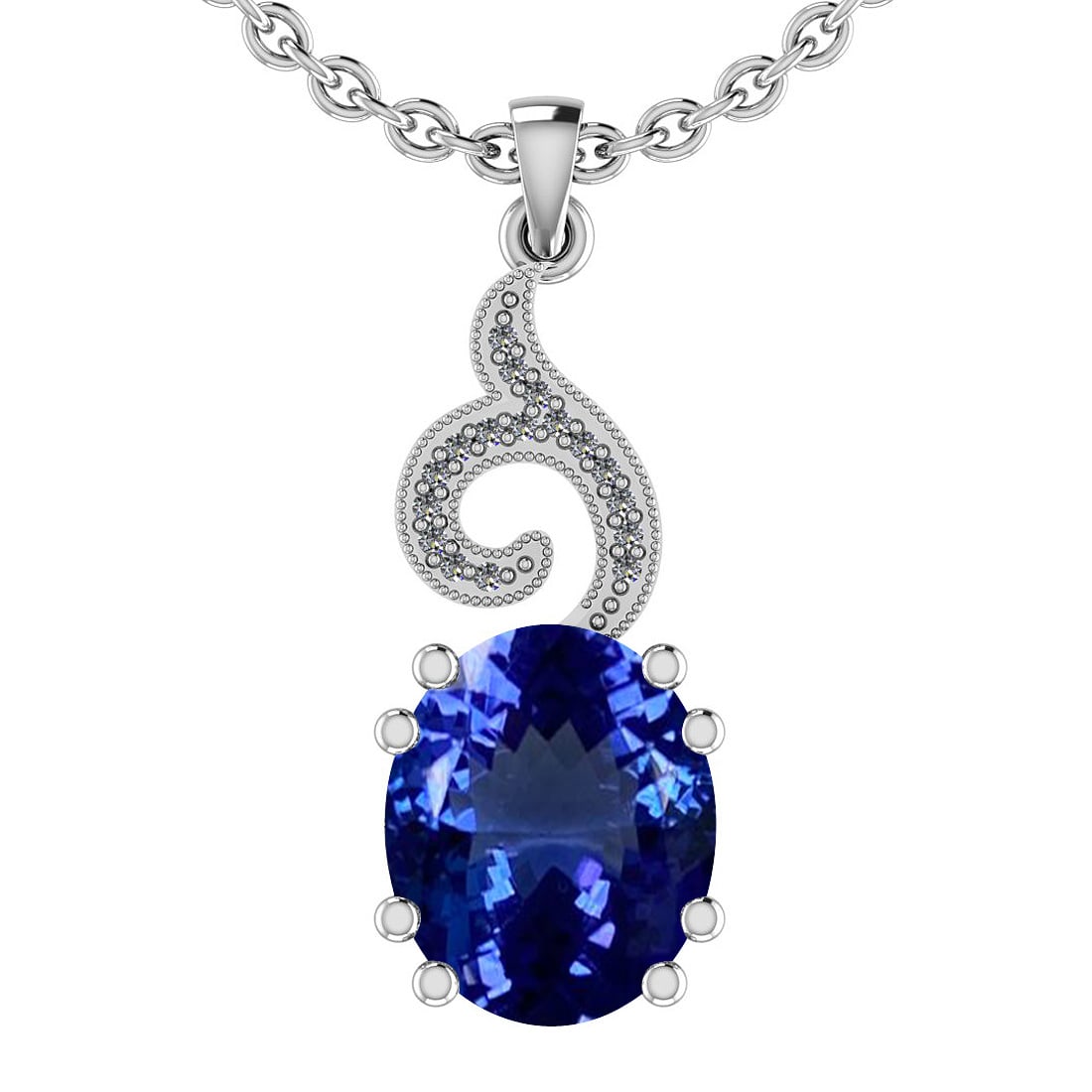 3.32 Ctw VS/SI1 Tanzanite And Diamond 14K White Gold Necklace: Center Stone Approx Weight: 3.22 Ctw (Oval Cut) Center Stone Color: Tanzanite Center Stone Setting: Prong Side Stone 0.10 Ctw Side Stone Color: H-I Stone Clarity: VS/SI1 Stone Setting: Prong Metal