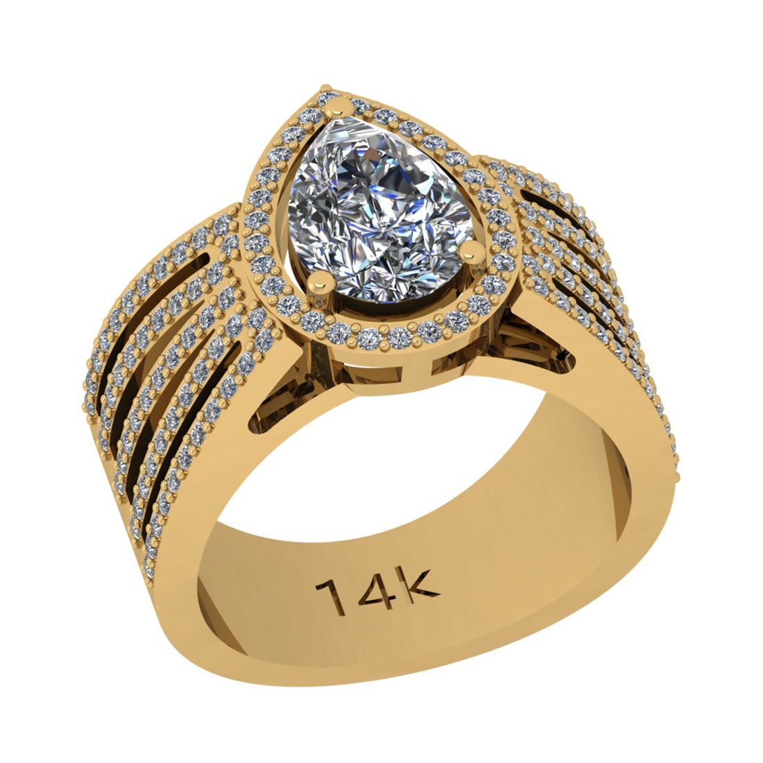 1.68 Ctw SI2/I1 Diamond 14K Yellow Gold Engagement Halo Ring: Center Diamond Weight : 1.00 Ctw (Pear Cut) Center Diamond Color : J-K Center Stone Setting : Prong Center Stone Clarity : SI2/I1 Side Stone Weight Of Ctw 0.68 Ctw Side Stone Color : J-KStone Clarity 