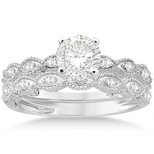 Antique style Diamond Engagement Ring Set 14k White Gold 1.20ctw: CENTER STONE; Diamond (1.00 CTW) CENTER STONE CLARITY; SI1-SI2 CENTER STONE COLOR; J-K CENTER STONE SETTING; Pave SIDE STONE CLARITY; SIDE STONE COLOR; SIDE STONE SETTING; 0.20 ctw OF SIDE STONE: SIDE