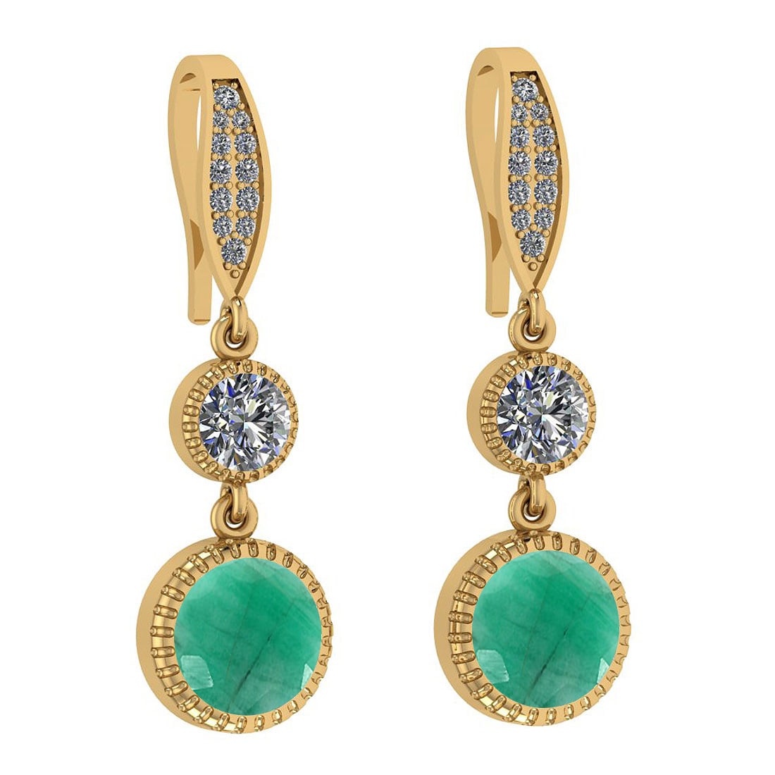 4.70 Ctw I2/I3 Emerald And Diamond 14K Yellow Gold Earrings: Center Stone Weight ; 4.00 Ctw (4 Psc Round ) Stone Color :Emerald Color Stone Setting ; Bezel Side Stone Weight of Ctw ; 0.70 ctw Side Stone Color : J-K Side Stone Setting: Prong Side Stone Clarity :