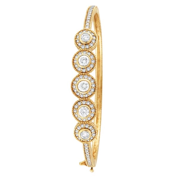 Vintage Style Style Diamond Bangle Bracelet 18K Yellow Gold 2.57ctw: CENTER STONE; Diamond,Diamond CENTER STONE CLARITY; SI#SI CENTER STONE COLOR; J-K,J-K CENTER STONE SETTING; Bezel,Prong SIDE STONE CLARITY; SIDE STONE COLOR; SIDE STONE SETTING; ctw OF SIDE STONE: SID