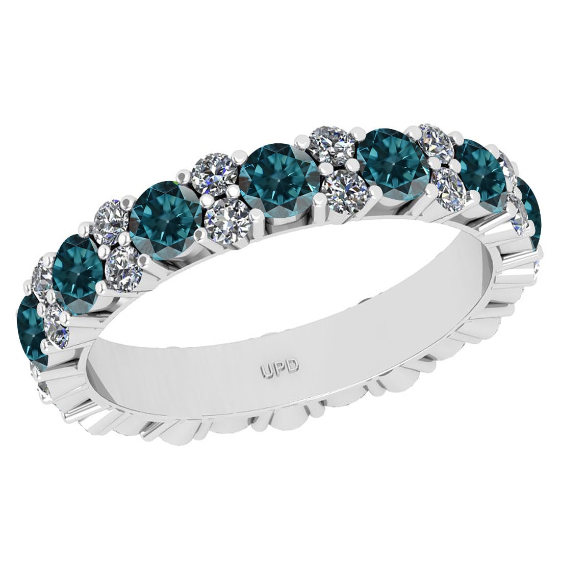1.53 Ctw i2/i3 Treated Fancy Blue and White Diamond 14K White Gold Eternity: Color Diamond Weight : 1.20 Ctw ( Round cut) Center Stone Color : Treated Fancy Blue Diamond Center Clarity : i2/i3 Center Stone Setting : Prong Side Stone Weight Of Ctw 0.33 Ctw Side Stone Color : J-