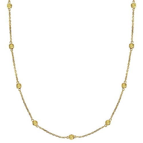 Fancy Yellow Canary Station Necklace 14k Gold (0.50ct): METAL TYPE: 14k Yellow Gold ;TOTAL CARAT WEIGHT: 0.5 ;NAME OF CENTER STONE: Diamond ;CENTER STONE SHAPE: Round ;CENTER STONE CLARITY: SI ;CENTER STONE COLOR: Fancy Yellow ;CENTER STONE SETTING: Bezel 