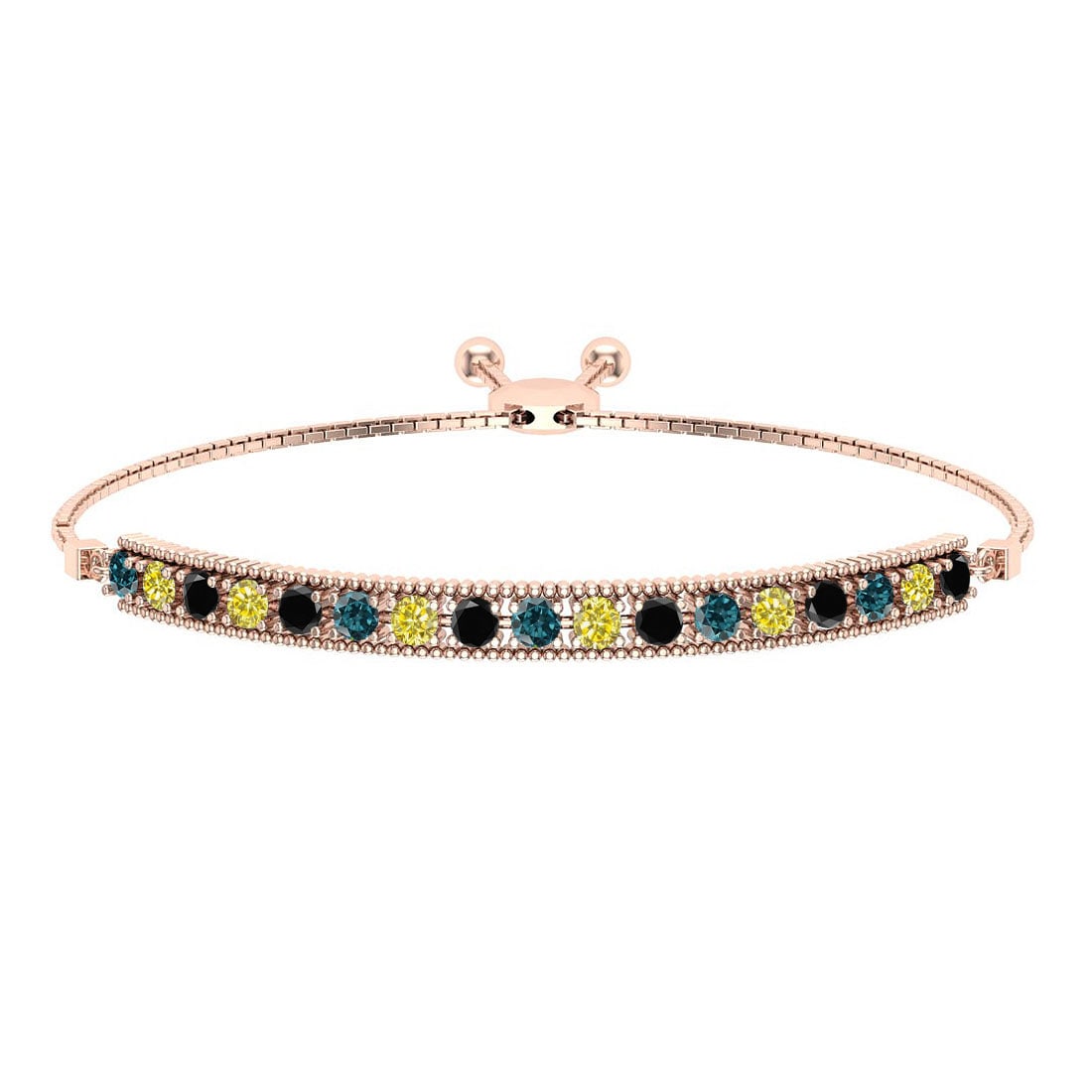 0.50 Ctw I2/I3 Multi Diamond14K Rose Gold Slide Bracelet: Center Diamond Weight : 0.50 Ctw (Round Cut) Center Diamond Color :- Treated Fancy Blue black yellow diamond Center Clarity : I2/I3 Stone Setting : Prong Metal Weight : Approx 6.20 Gram 14K Rose Gold 