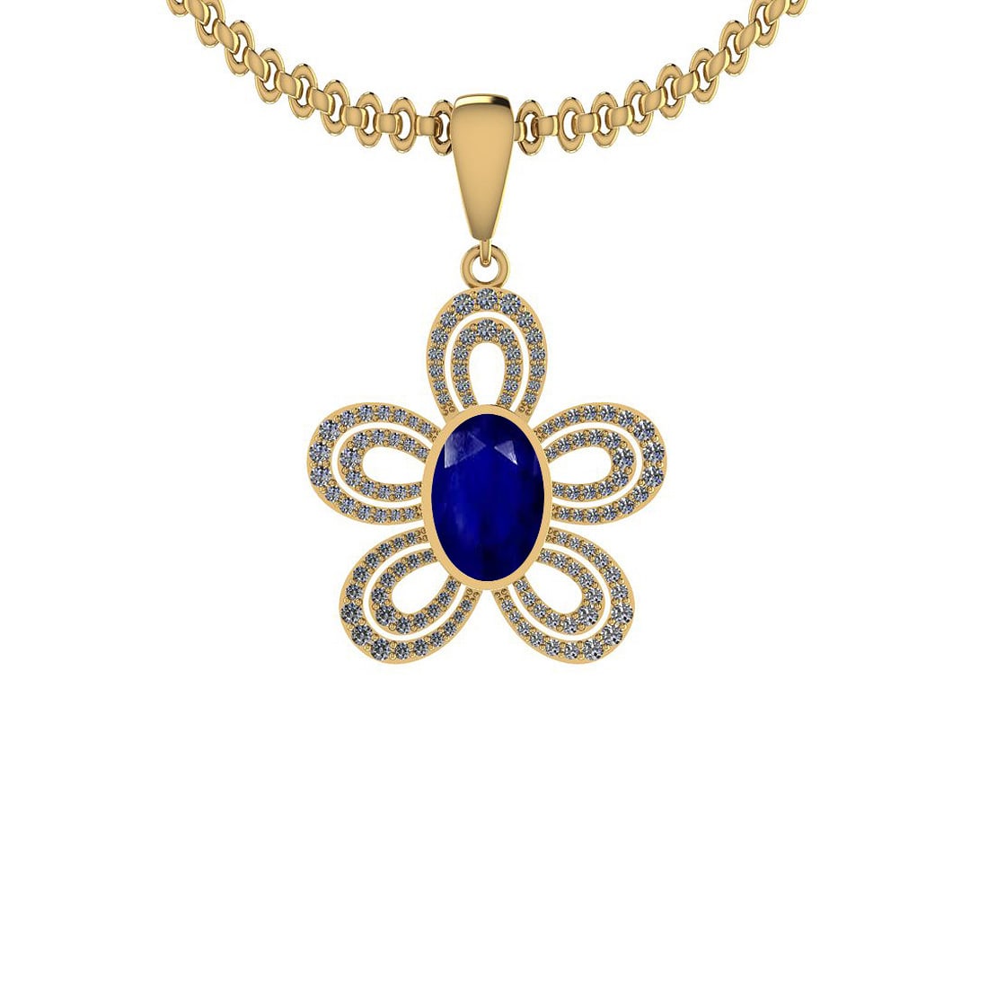 2.90 Ctw SI2/I1 Blue Sapphire And Diamond 14K Yellow Gold Necklace: Center Stone Weight : 2.50 Ctw (Oval cut) Center Stone Color :-Blue Sapphire Stone Setting : Bezel Side Stone Weight Of Ctw 0.40 Ctw Side Stone Color : J-K Stone Clarity : SI2/I1 Stone Setting : Prong