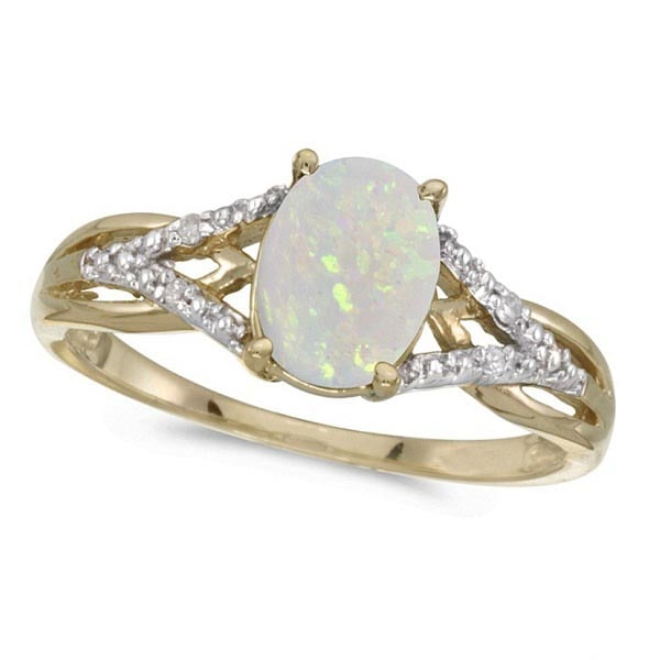 Oval Opal and Diamond Cocktail Ring 14K Yellow Gold 0.70ctw: CENTER STONE; Opal CENTER STONE CLARITY; CENTER STONE COLOR; CENTER STONE SETTING; Prong SIDE STONE CLARITY; SI SIDE STONE COLOR; I-J SIDE STONE SETTING; Prong ctw OF SIDE STONE: 0.02 SIDE STONE QUALI