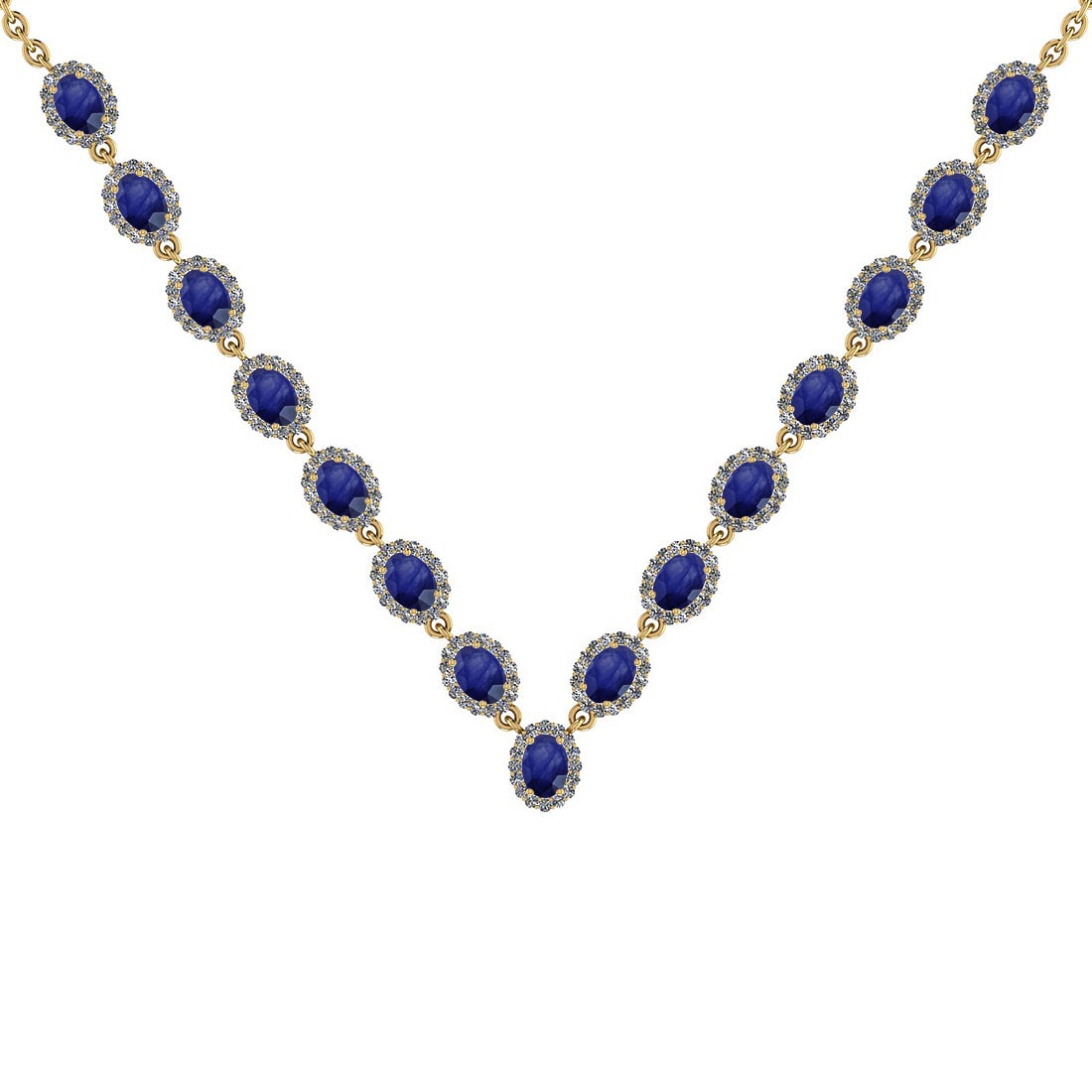 37.75 Ctw SI2/I1 Blue Sapphire And Diamond 14K Yellow Gold Victorian Style: Color Stone Weight : 24.75 Ctw ( 33 Psc Oval Cut ) Center Stone Color :-Blue Sapphire Center Stone Setting : Prong Side Stone Weight Of Ctw 13.00 Ctw Side Stone Color : G-H Stone Clarity : SI2/I1 Ston