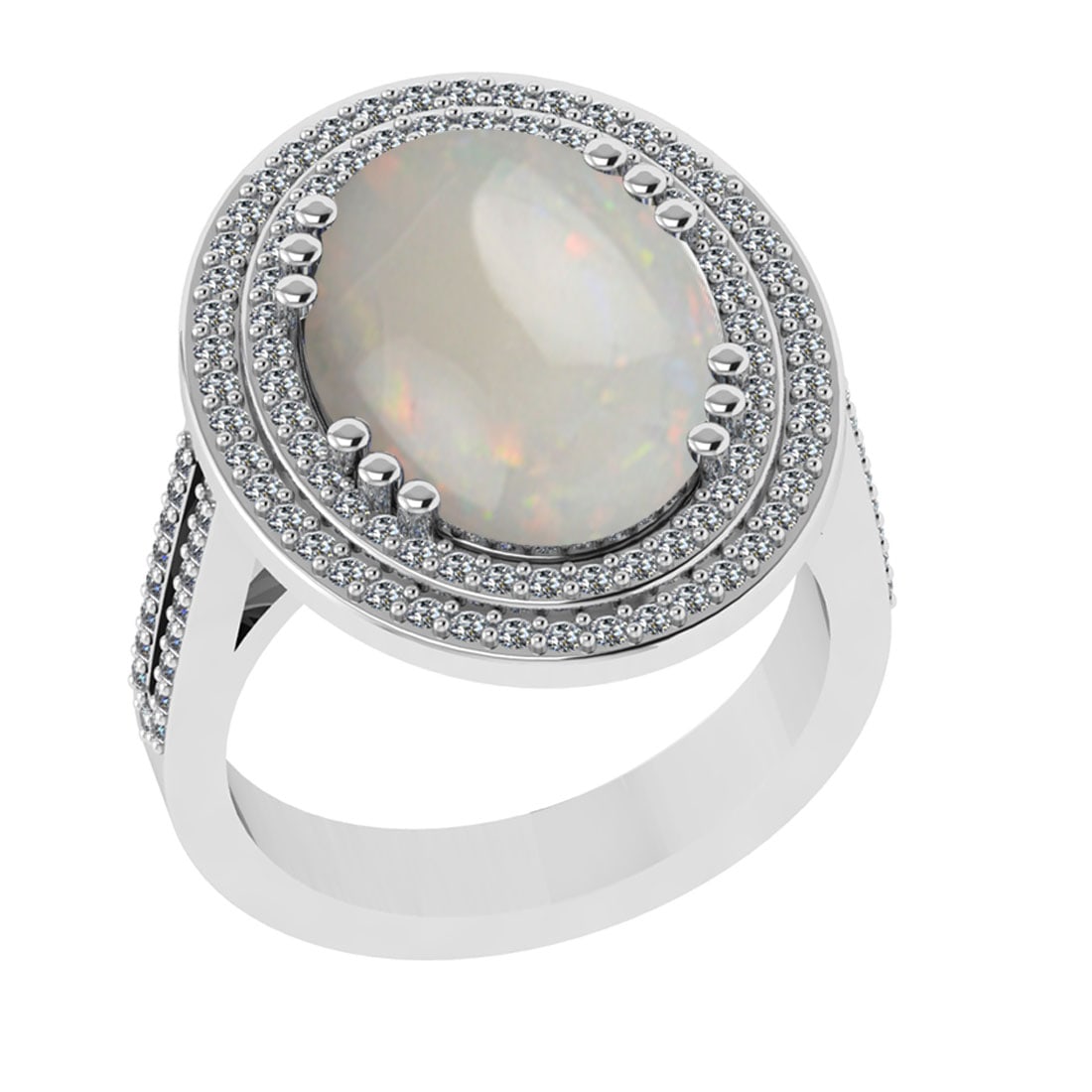 7.87 Ctw SI2/I1 Opal And Diamond 14K White Gold Engagement Ring: Center Stone Weight : 7.18 Ctw ( Oval Cab ) Center Stone Color : Opal Stone Setting : Prong Side Diamond Weight Of Ctw 0.69 Ctw Side Stone Color : J-K Stone Clarity : SI2/I1 Stone Setting : Prong