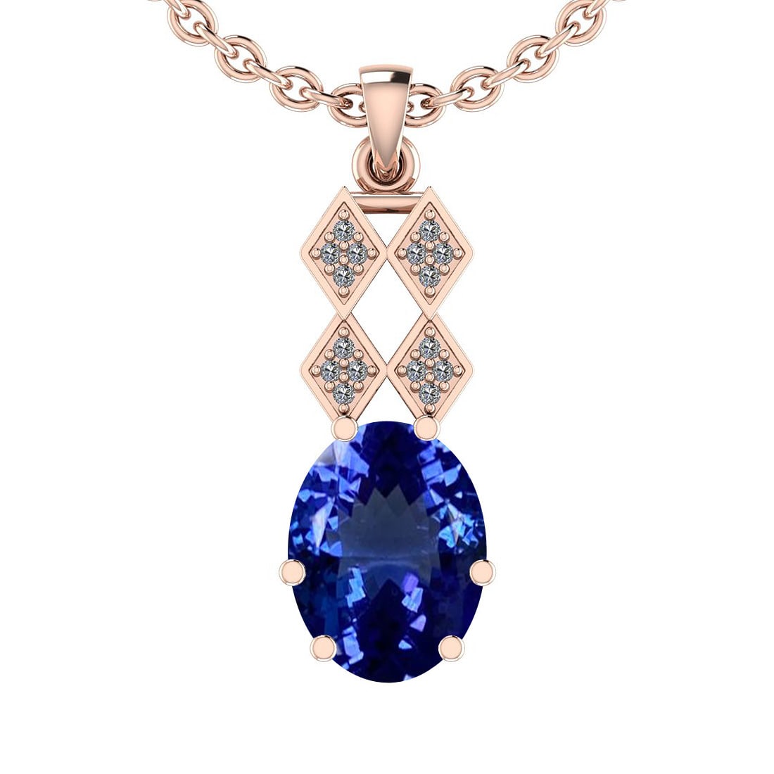 7.10 Ctw VS/SI1 Tanzanite And Diamond 14K Rose Gold Necklace: Center Stone Approx Weight: 6.98 Ctw (Oval Cut) Center Stone Color: Tanzanite Center Stone Setting: Prong Side Stone 0.12 Ctw Side Stone Color: H-I Stone Clarity: VS/SI1 Stone Setting: Prong Metal App