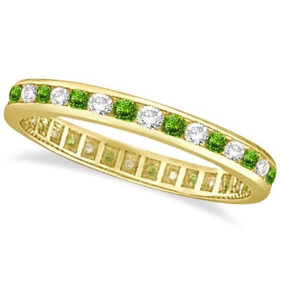 Peridot and Diamond Channel-Set Eternity Ring 14k Yellow Gold 1.04ctw: CENTER STONE; Diamond CENTER STONE CLARITY; SI CENTER STONE COLOR; J-K CENTER STONE SETTING; Channel SIDE STONE CLARITY; SIDE STONE COLOR; SIDE STONE SETTING; Channel ctw OF SIDE STONE: 0.54 SIDE STON