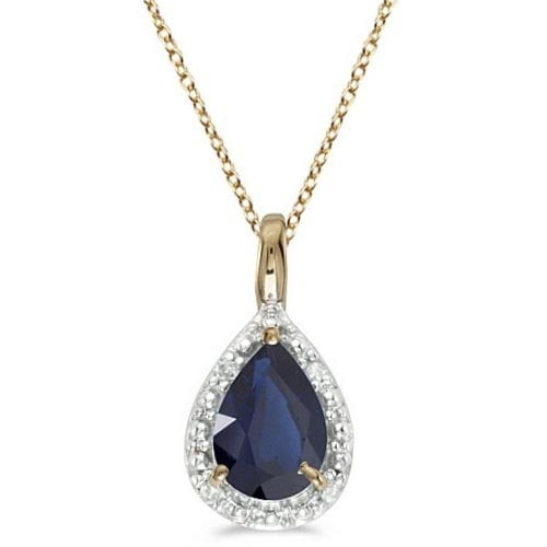 Pear Shaped Blue Sapphire Pendant Necklace 14k Yellow Gold 0.85ctw: CENTER STONE; Blue Sapphire CENTER STONE CLARITY; CENTER STONE COLOR; CENTER STONE SETTING; Prong SIDE STONE CLARITY; SIDE STONE COLOR; SIDE STONE SETTING; ctw OF SIDE STONE: SIDE STONE QUALITY; #PAPP