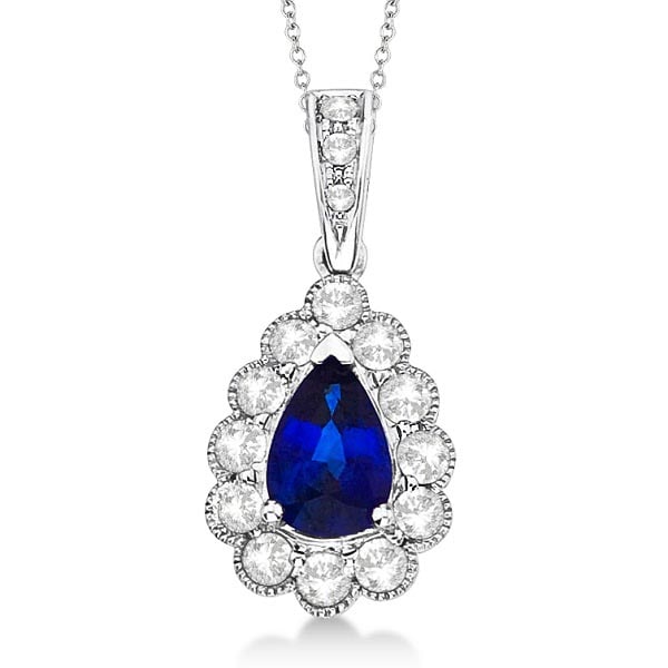Pear Sapphire and Diamond Pendant Necklace in 14K White Gold 0.90ctw: CENTER STONE; Sapphire CENTER STONE CLARITY; CENTER STONE COLOR; Blue CENTER STONE SETTING; Prong SIDE STONE CLARITY; SI SIDE STONE COLOR; J-K SIDE STONE SETTING; Prong ctw OF SIDE STONE: 0.3 SIDE STO