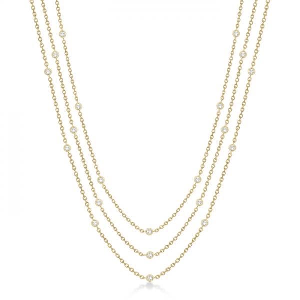 Three-Strand Diamond Station Necklace in 14k Yellow Gold (4.50ct): METAL TYPE: 14k Yellow Gold ;TOTAL CARAT WEIGHT: 4.5 ;NAME OF CENTER STONE: Diamond ;CENTER STONE SHAPE: Round ;CENTER STONE CLARITY: SI1-SI2 ;CENTER STONE COLOR: G-h ;CENTER STONE SETTING: Bezel ;CEN