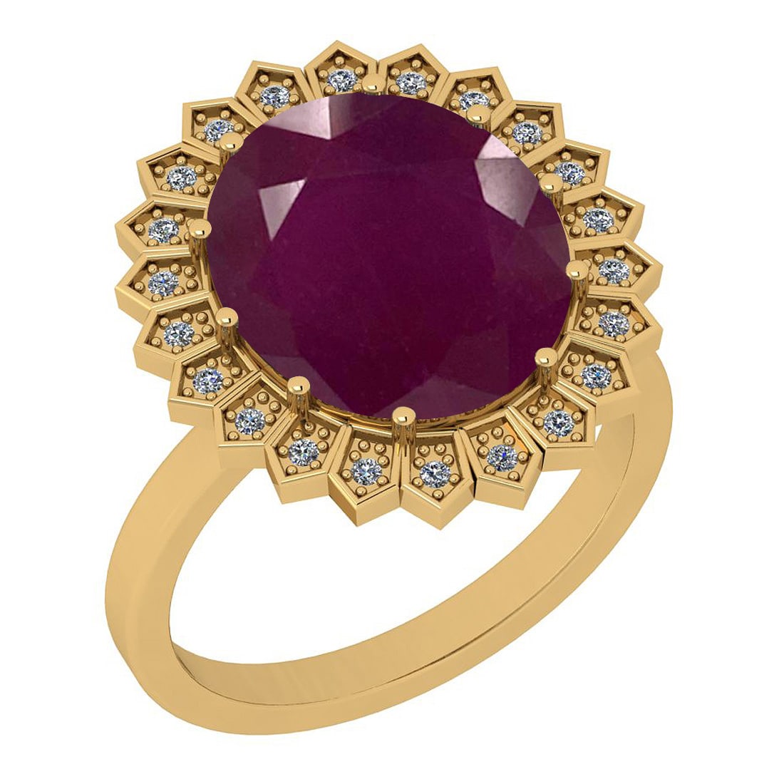 9.15 Ctw SI2/I1 Ruby And Diamond 18K Yellow Gold Ring: Center Stone Weight : 9.04 Ctw (Oval Cut) Center Stone Color :-Ruby Center Stone Setting : Prong Side Stone Weight Of Ctw 0.11 Ctw Side Stone Color : J-K Stone Clarity : SI2/I1 Stone Setting : Prong M