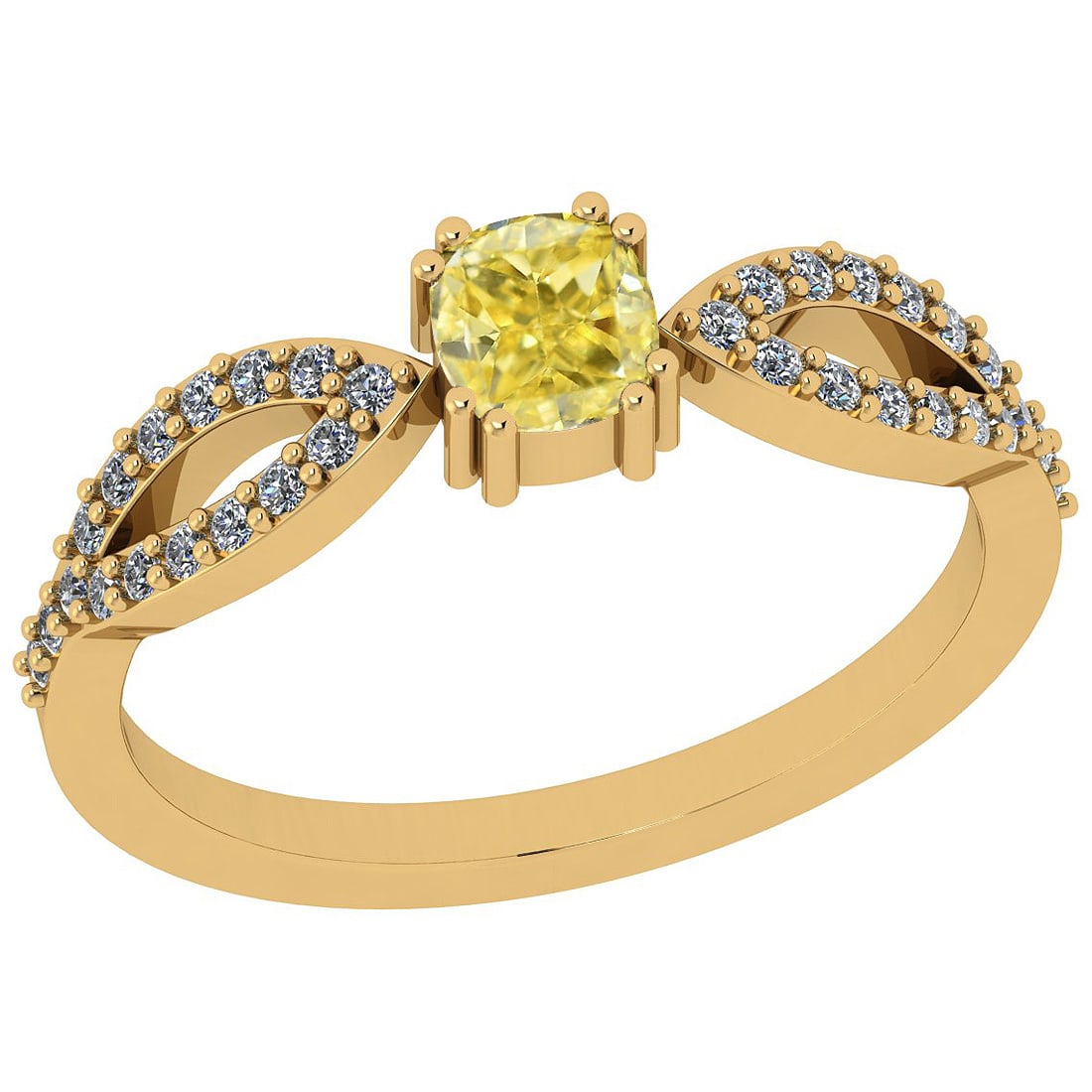 Certified 0.65 Ct GIA Certified Natural Fancy Yellow Diamond And White Diam: Center Stone Approx Weight: 0.46 Ctw (1psc Cushion Cut) GIA Certified Center Stone Color: Natural Fancy Yellow Diamond Center Stone Clarity: I2/I2 Stone Setting: Prong Side Stone Approx Weight: 0.19 c