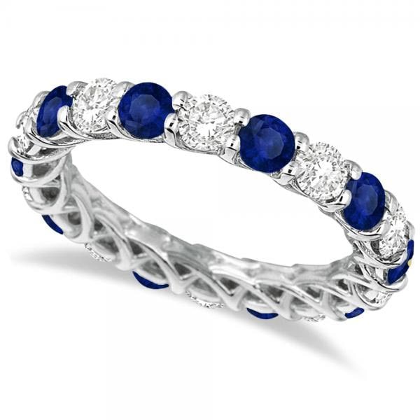 Luxury Diamond and Blue Sapphire Eternity Ring Band 14k White Gold 4.20ctw: CENTER STONE; Diamond CENTER STONE CLARITY; SI1-SI2 CENTER STONE COLOR; J-K CENTER STONE SETTING; Prong SIDE STONE CLARITY; SI1-SI2 SIDE STONE COLOR; Blue SIDE STONE SETTING; Prong ctw OF SIDE STONE: 