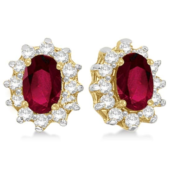 Oval Ruby and Diamond Accented Earrings 14k Yellow Gold 2.05ctw: CENTER STONE; Ruby CENTER STONE CLARITY; CENTER STONE COLOR; CENTER STONE SETTING; Prong SIDE STONE CLARITY; SI SIDE STONE COLOR; J-K SIDE STONE SETTING; Prong ctw OF SIDE STONE: 0.25 SIDE STONE QUALI
