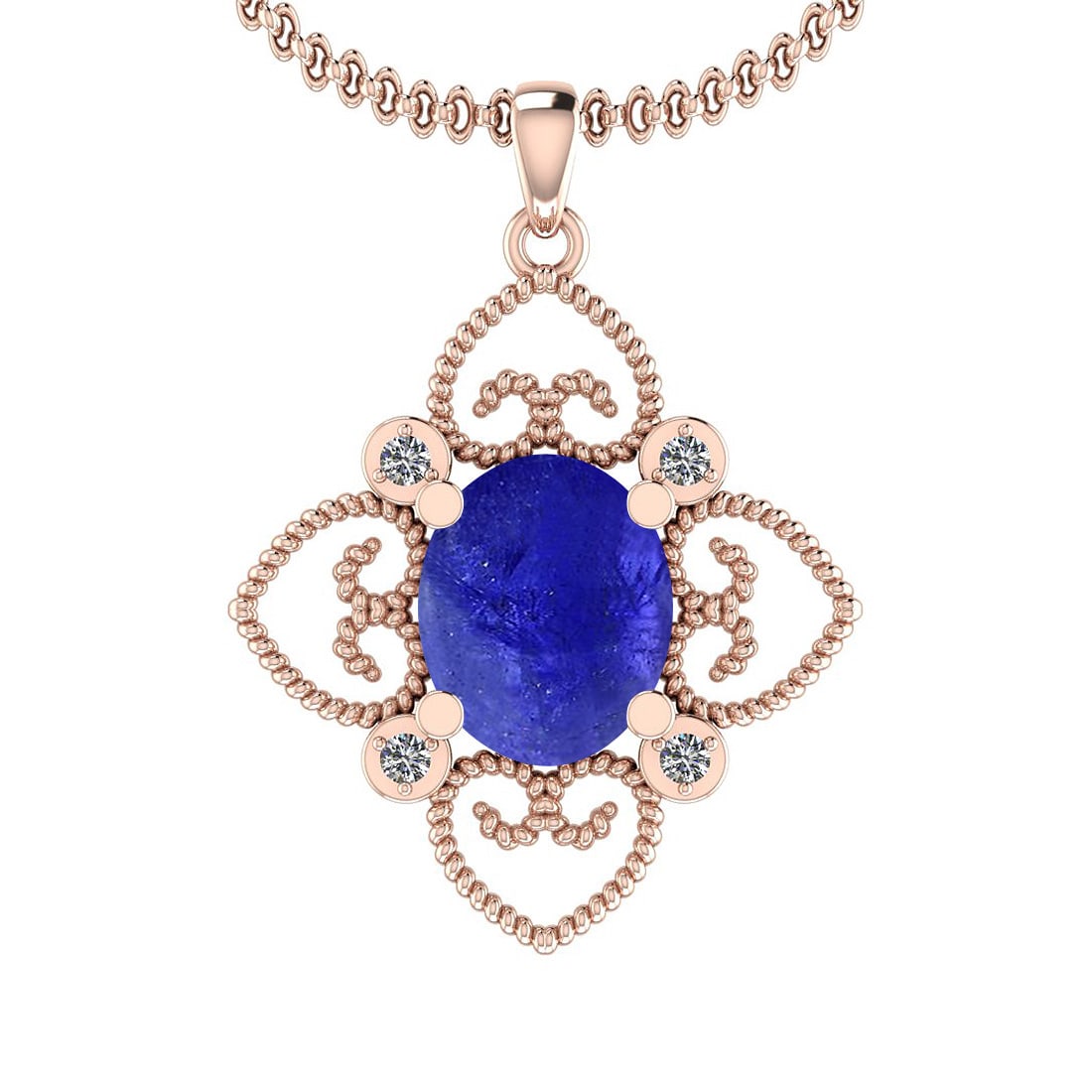 Certified 4.55 Ctw Tanzanite and Diamond I1/I2 14K Rose Gold Victorian Styl: Color Stone Approx Weight: 4.45 Ctw (1 pcs Oval Cabochon) Center Stone Color: Tanzanite Center Stone Setting: Prong Side Stone Approx Weight: 0.10 Ctw Side Stone Color: J-K Stone Clarity: I1/I2 Stone 