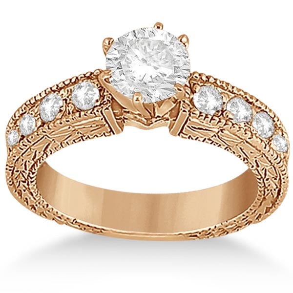 1.70ctw Antique style Style Diamond Engagement Ring Setting 14k Rose Gold: CENTER STONE; DIAMOND (1.00 CTW) CENTER STONE CLARITY; CENTER STONE COLOR; CENTER STONE SETTING; SIDE STONE CLARITY; SI1-SI2 SIDE STONE COLOR; J-K SIDE STONE SETTING; Bead ctw OF SIDE STONE: 0.7 SIDE